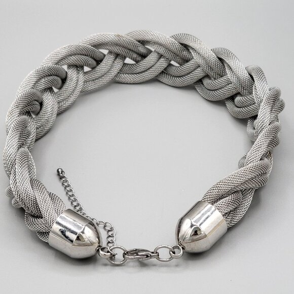 Chunky Mesh Braided Twisted Choker Necklace Silver Tone Metal 14" Length - Picture 5 of 7